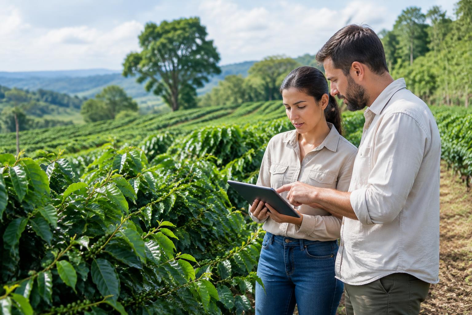 Two agricultural professionals reviewing field observations on a tablet in a plantation